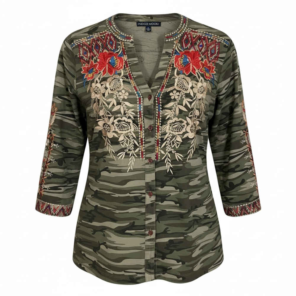 Indigo Moon Camo Embroidered Henley